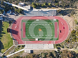 Aerial top view of American football field in San Diego, California, USA