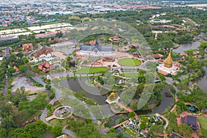 Aerial top view of The Ancient Siam City, the museum park with lake, in Samut Prakan Province, Bangkok, Thailand. Thai