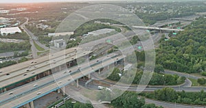 Aerial top view automobile Alfred E. Driscoll Bridge across the Raritan River in the city of Woodbridge