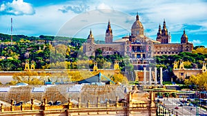 Aerial top view of Barcelona, Catalonia, Spain. The Palau National, National Palace, National Art Museum of Catalonia