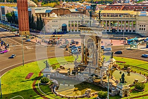 Aerial top view of Barcelona, Catalonia, Spain. Placa d`Espanya, Plaza de Espana, the Spanish Square. photo