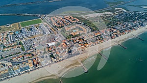 Aerial top view of beach resort town on Mediterranean sea from above, vacation and holiday destination in France