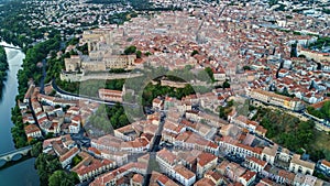 Aerial top view of Beziers town architecture and cathedral from above, France photo
