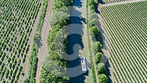 Aerial top view of boat in Canal du Midi from above, family travel by barge and vacation in France