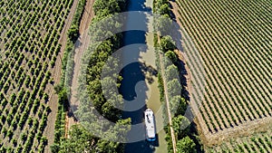 Aerial top view of boat in Canal du Midi from above, travel by barge in Southern France