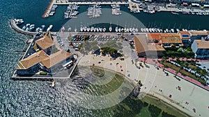 Aerial top view of boats and yachts in marina from above, harbor of Meze town, France