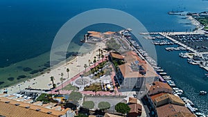 Aerial top view of boats and yachts in marina from above, harbor of Meze town, South France