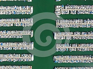 Aerial top view of boats and yachts in marina