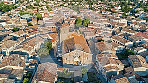 Aerial top view of Bram medieval village architecture and roofs from above, France