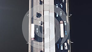 Aerial top view bridge with many cars on it, Kyiv Ukraine