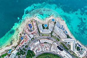 Aerial top view of Cancun beach and city hotel zone in Mexico. Caribbean coast landscape of Mexican resort with beach