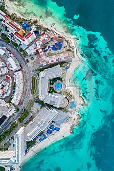 Aerial top view of Cancun beach and city hotel zone in Mexico. Caribbean coast landscape of Mexican resort with beach