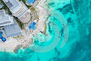 Aerial top view of Cancun beach and city hotel zone in Mexico. Caribbean coast landscape of Mexican resort with beach