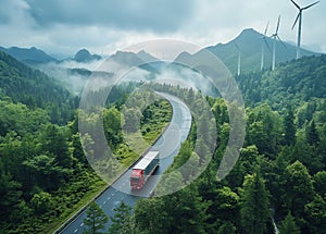 Aerial top view of a car and a hydrogen energy truck driving on a highway road in a lush green forest, accompanied by wind mills