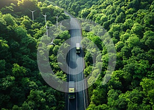 Aerial top view of a car and a hydrogen energy truck driving on a highway road in a lush green forest, accompanied by wind mills