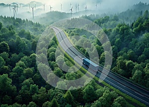 Aerial top view of a car and a hydrogen energy truck driving on a highway road in a lush green forest, accompanied by wind mills