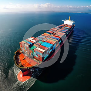 Aerial top view of cargo container ship in import export logistics business and international transport. Freight shipping.
