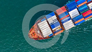 Aerial top view cargo vessel, Container vessel in export and imp