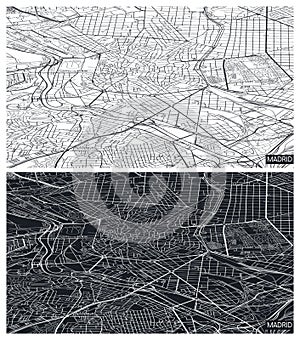 Aerial top view city map Madrid, black and white detailed plan, urban grid in perspective, vector illustration