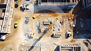 Aerial top view of construction site with cranes