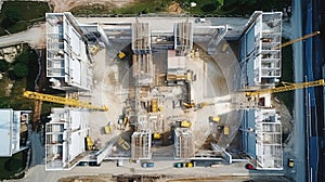 Aerial top view of construction site with cranes