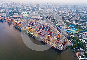 Aerial top view of container cargo ship in the export and import