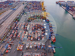 Aerial top view of container cargo ship in the export and import business and logistics international goods in urban city.