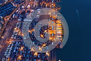 Aerial top view of container cargo ship in the export and import business and logistics international goods in urban city.