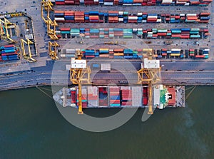 Aerial top view of container cargo ship in the export and import