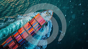 Aerial top view container cargo ship in import export business commercial trade logistic and transportation of