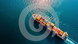 Aerial top view container cargo ship in import export business commercial trade logistic and transportation of