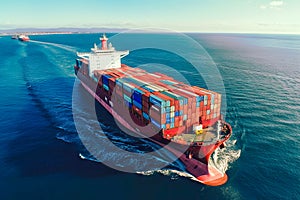 Aerial top view container cargo ship in import export business commercial trade logistic and transportation of
