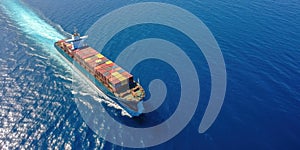 Aerial top view of container cargo ship in the open sea. AI generative illustration
