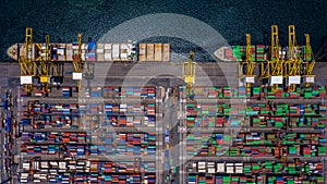 Aerial top view container cargo ship unloading in import export business logistic and transportation of international by container