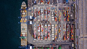 Aerial top view container cargo ship unloading in import export business logistic and transportation of international by container