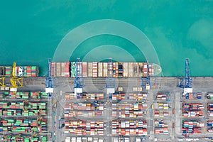 Aerial top view container cargo ship working. Business import export logistic and transportation of International by ship in the