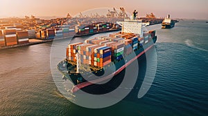 Aerial top view Container carrier ship and business logistic commercial intermodal freight transport in import export