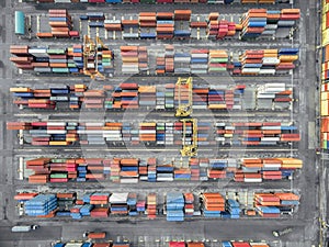 Aerial top view container in port warehouse waiting for export .