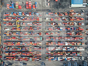 Aerial top view container in port warehouse waiting for export .