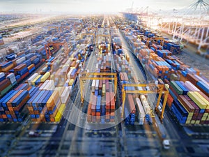 Aerial top view container in port warehouse waiting for export .