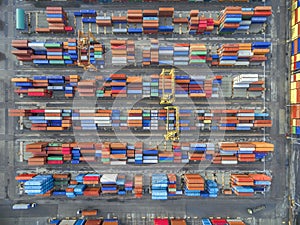 Aerial top view container in port warehouse waiting for export .