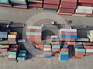 Aerial top view container in port warehouse waiting for export, drone photo