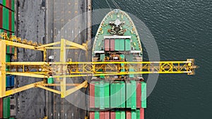 Aerial top view container ship at industrial port with crane port, Global business logistic import export transportation container