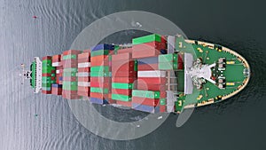 Aerial top view container ship in the sea, shipping or transportation concept background.