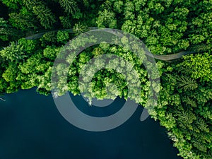 Aerial top view of country road in green summer forest and blue lake. Rural landscape in Finland