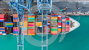 Aerial top view crane shipping container, cargo container ship c