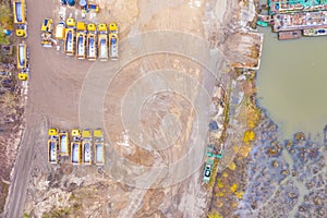 Aerial top view of crushed stone quarry machine in a construction material factory