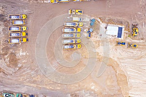 Aerial top view of crushed stone quarry machine in a construction material factory