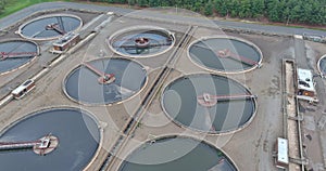 Aerial top view in dirty sewage water of wastewater treatment process plant, filtration