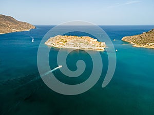 Aerial top view by drone of ancient Venetian fort on the Spinalonga island on Crete, Greece